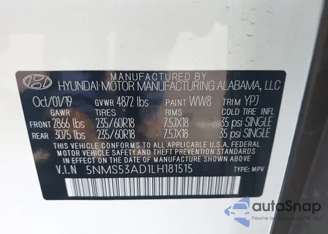 2020 Hyundai Santa Fe Limited z USA, uszkodzony, nr VIN 5NMS53AD1LH181515